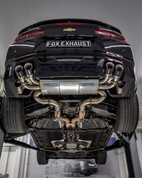 Fox Endschalldämpfer quer 2x100 Typ 25 rechts/links mit schwarzen Covern und 2 Abgasklappen für Chevrolet Camaro A1XC (2018) – Edelstahl, Rohr 70 mm, EG-Gutachten