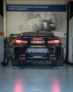 Fox Endschalldämpfer quer 2x100 Typ 25 rechts/links mit schwarzen Covern und 2 Abgasklappen für Chevrolet Camaro A1XC (2018) – Edelstahl, Rohr 70 mm, EG-Gutachten