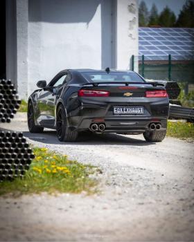 Fox Endschalldämpfer quer 2x100 Typ 25 rechts/links mit 2 Abgasklappen für Chevrolet Camaro A1XC (2018) – Edelstahl, Rohr 70 mm, EG-Gutachten
