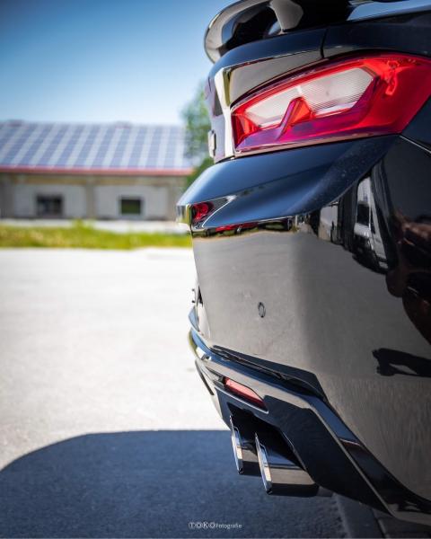 Fox Endschalldämpfer quer 2x100 Typ 25 rechts/links mit schwarzen Covern und 2 Abgasklappen für Chevrolet Camaro A1XC (2018) – Edelstahl, Rohr 70 mm, EG-Gutachten