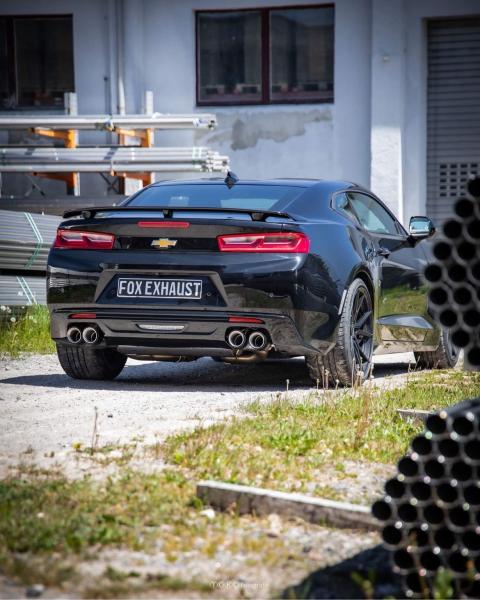 Fox Endschalldämpfer quer 2x100 Typ 25 rechts/links mit schwarzen Covern und 2 Abgasklappen für Chevrolet Camaro A1XC (2018) – Edelstahl, Rohr 70 mm, EG-Gutachten