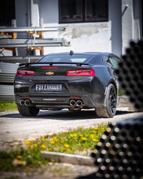 Fox Endschalldämpfer quer 2x100 Typ 25 rechts/links mit 2 Abgasklappen für Chevrolet Camaro A1XC (2018) – Edelstahl, Rohr 70 mm, EG-Gutachten